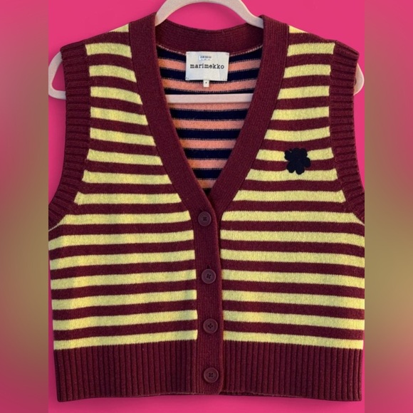 Marimekko Tops - Marimekko Tasaraita Yellow Burgundy Stripe Knit Wool Sweater Vest.